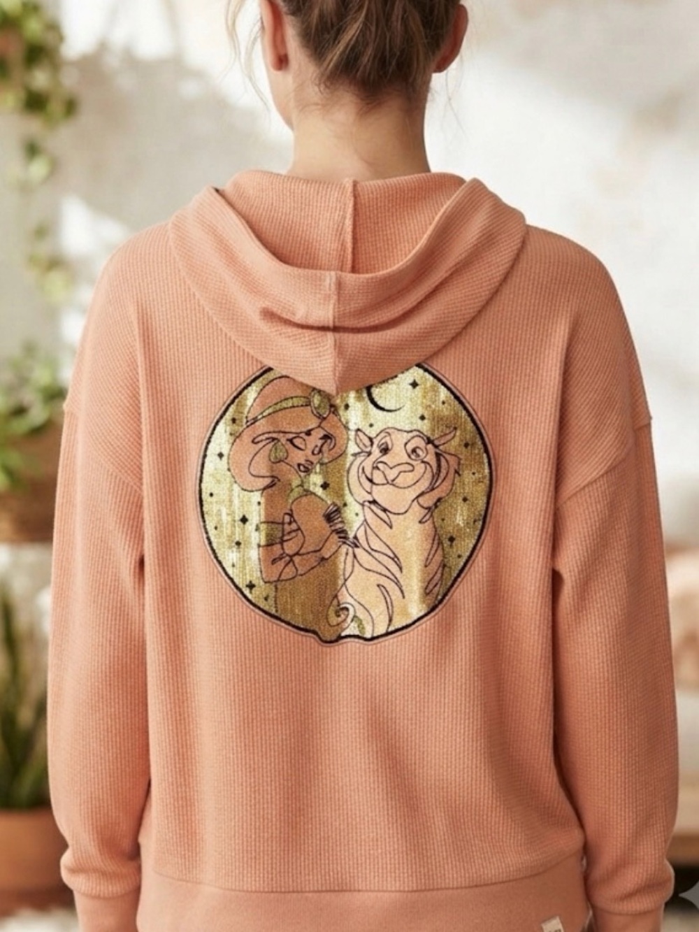 Disney Coral and Gold Waffle-Knit Zip Hoodie with Jasmine from Aladdin Patch - Picture 1 of 9